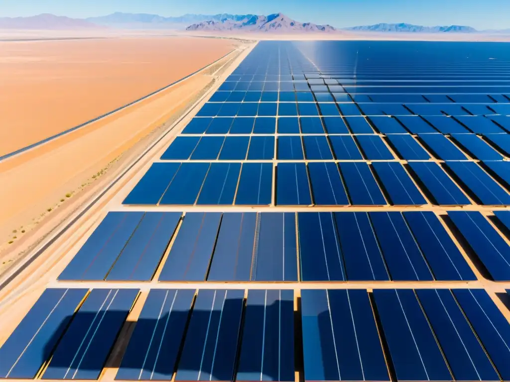 Un extenso campo de paneles solares se extiende en el desierto, reflejando la luz del sol, resaltando las innovaciones en energía renovable