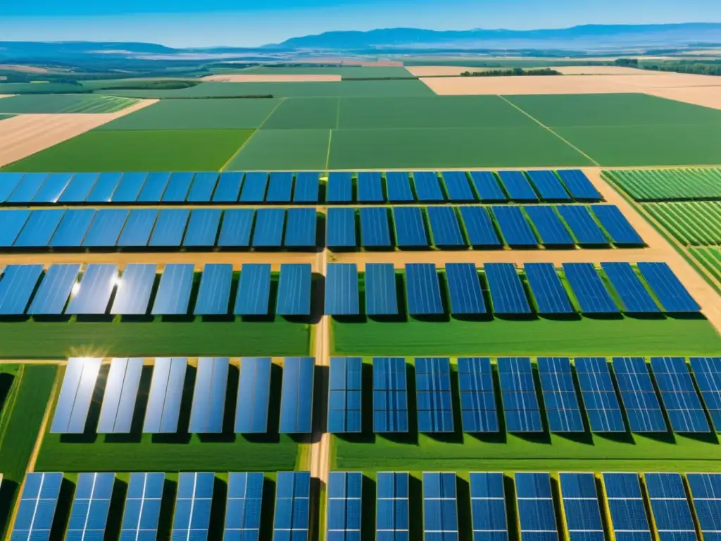 Un extenso campo de paneles solares capturando la luz del sol, con un paisaje natural vibrante