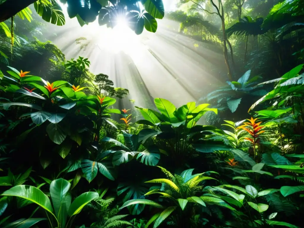Un exuberante bosque tropical con una diversidad vibrante de flora y fauna