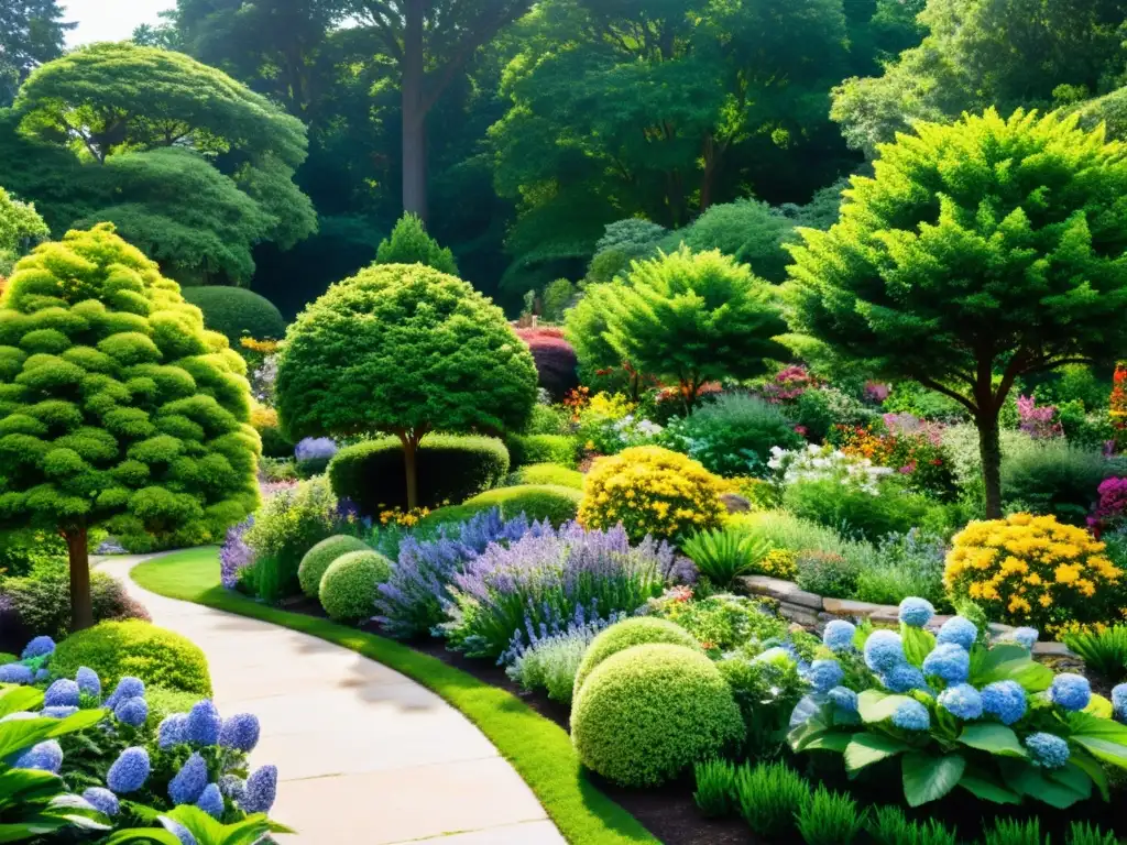 Un exuberante jardín botánico con diversidad de plantas cultivadas, flores coloridas, arbustos y árboles