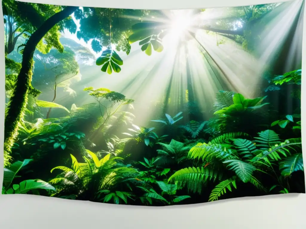 Un exuberante y diverso bosque tropical con luz solar filtrándose a través del dosel, mostrando la belleza natural y complejidad del ecosistema