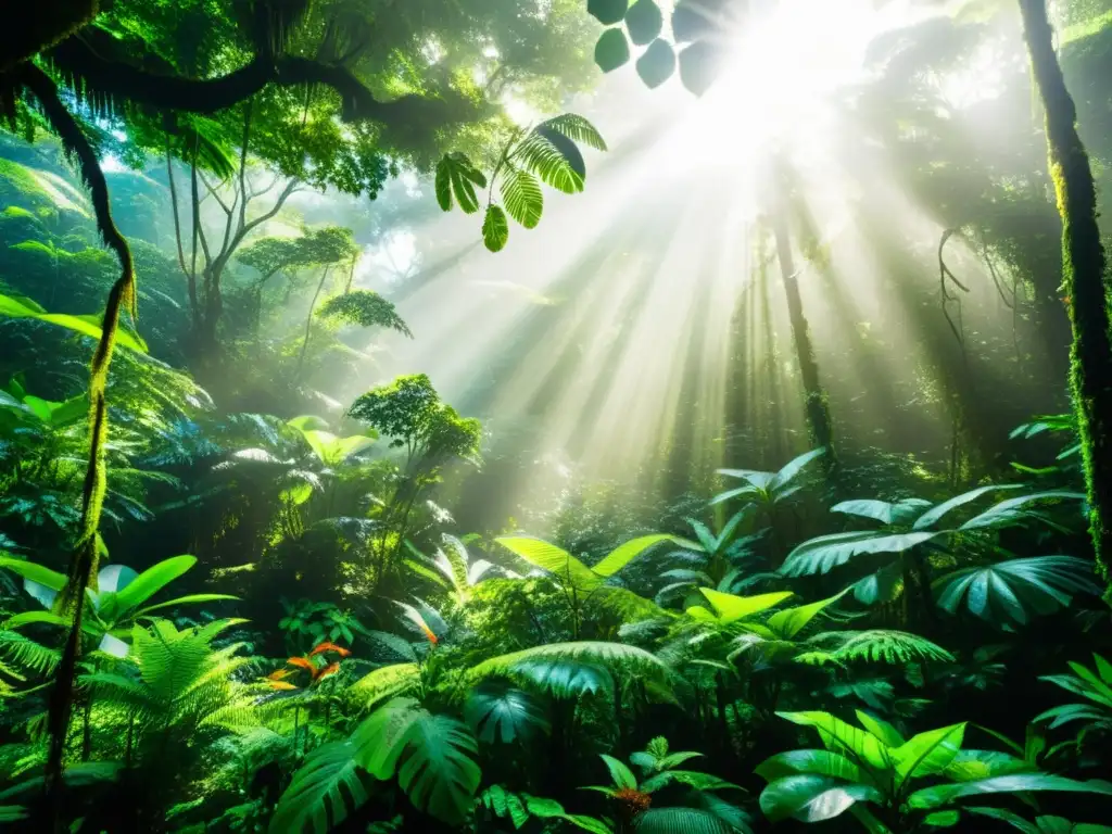 Un exuberante escenario de selva tropical con luz solar resplandeciendo a través del dosel, destacando la vibrante variedad de vida vegetal y animal