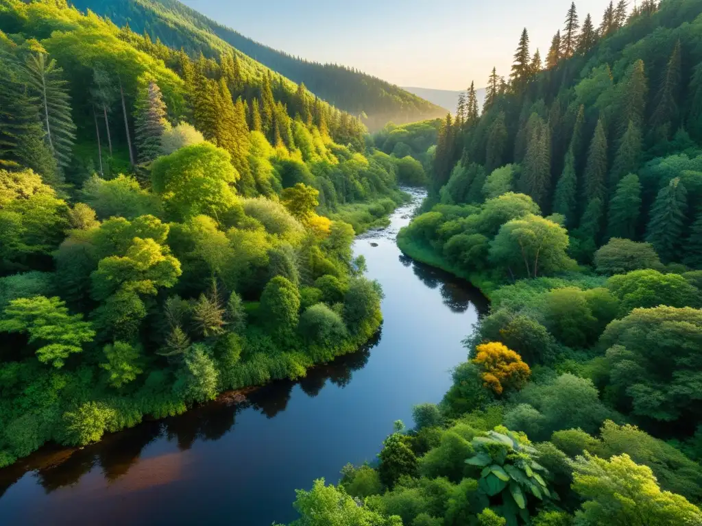 Un exuberante paisaje boscoso con diversidad de especies nativas y un arroyo, bañado en la luz dorada del atardecer