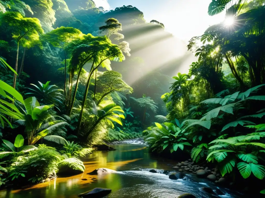 Un exuberante paisaje de selva tropical con árboles imponentes, diversa flora y un río serpenteando entre la densa vegetación