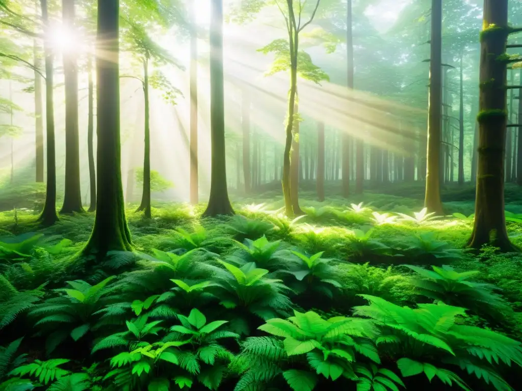 Un exuberante y vibrante bosque verde con la luz del sol filtrándose a través del dosel, creando patrones intrincados en el suelo del bosque