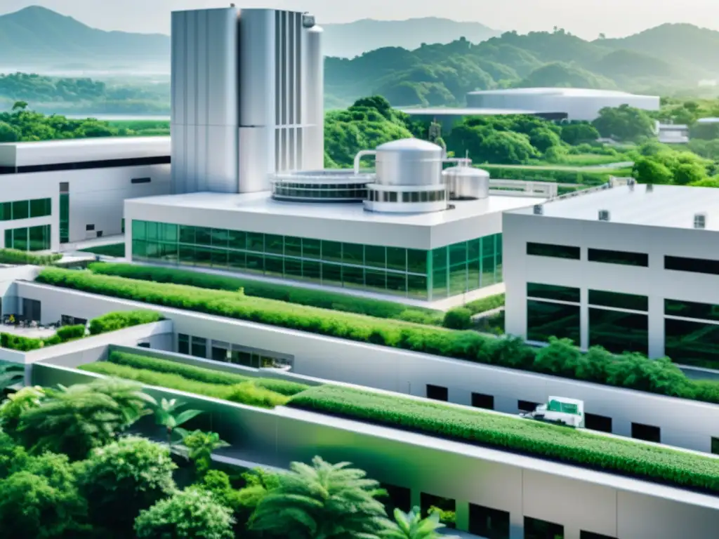 Una fábrica farmacéutica futurista con tecnología de vanguardia, rodeada de exuberante vegetación y una ciudad limpia y bulliciosa al fondo