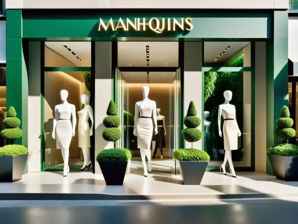 La fachada lujosa y moderna de una marca de moda de alta gama, con maniquíes elegantes y exclusivos, rodeada de exuberante vegetación