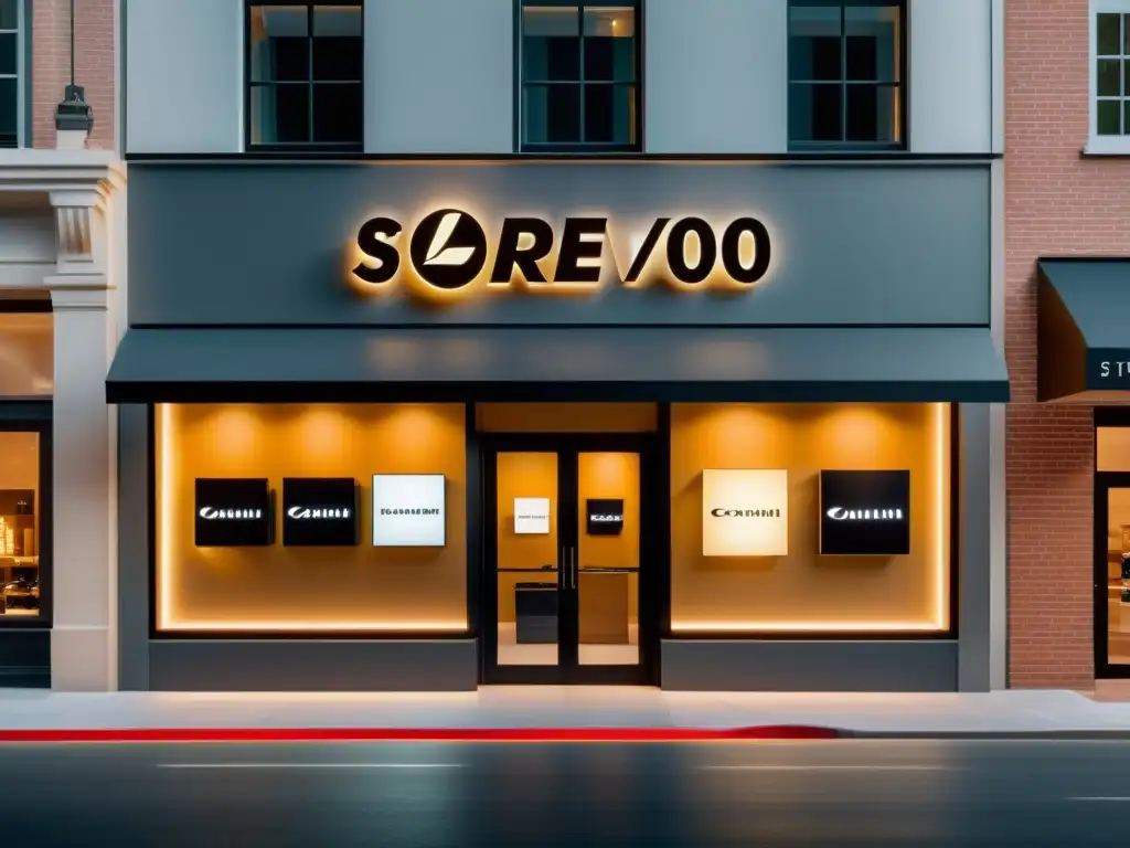 Una fachada minimalista con iluminación cálida y el logo de marca, evocando la importancia de marcas en fidelización