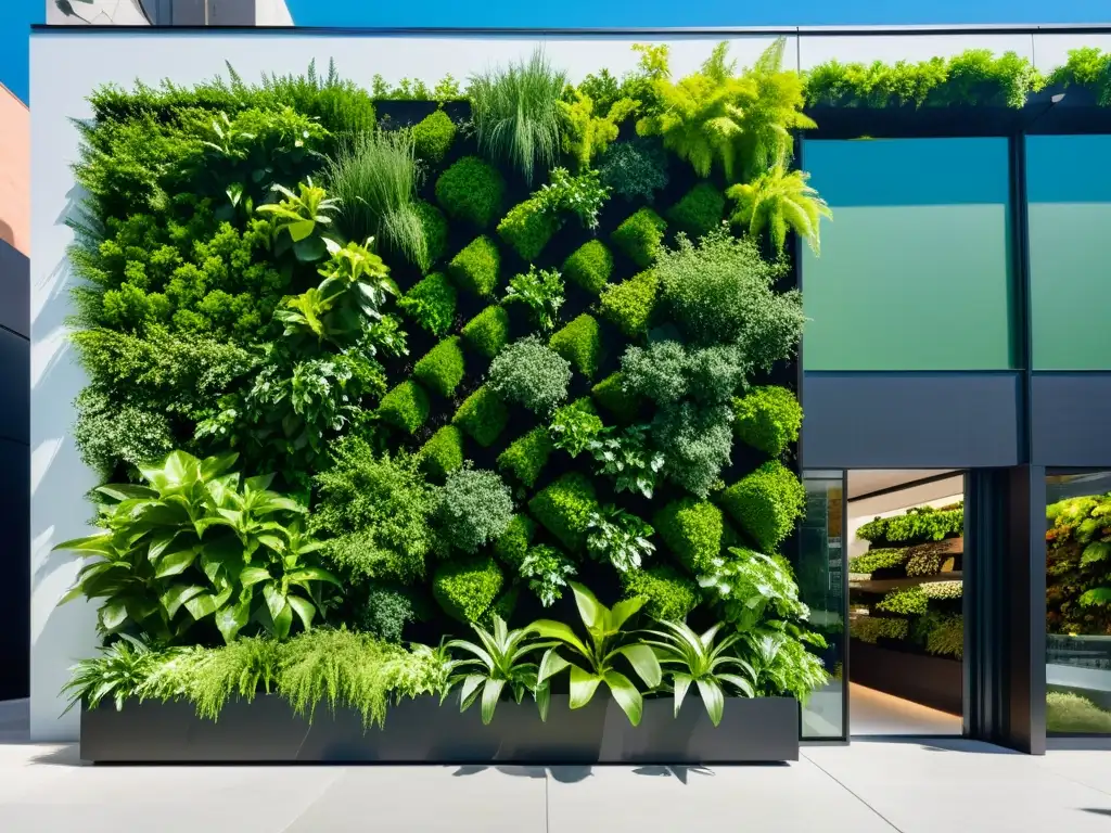 Una fachada moderna con un muro verde vibrante, evocando marcas verdes protegen identidad ambiente con estilo ecológico y sofisticado