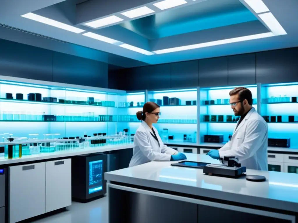 Investigación farmacéutica de vanguardia con científicos en laboratorio, transmitiendo innovación en licencias obligatorias patentes farmacéuticas