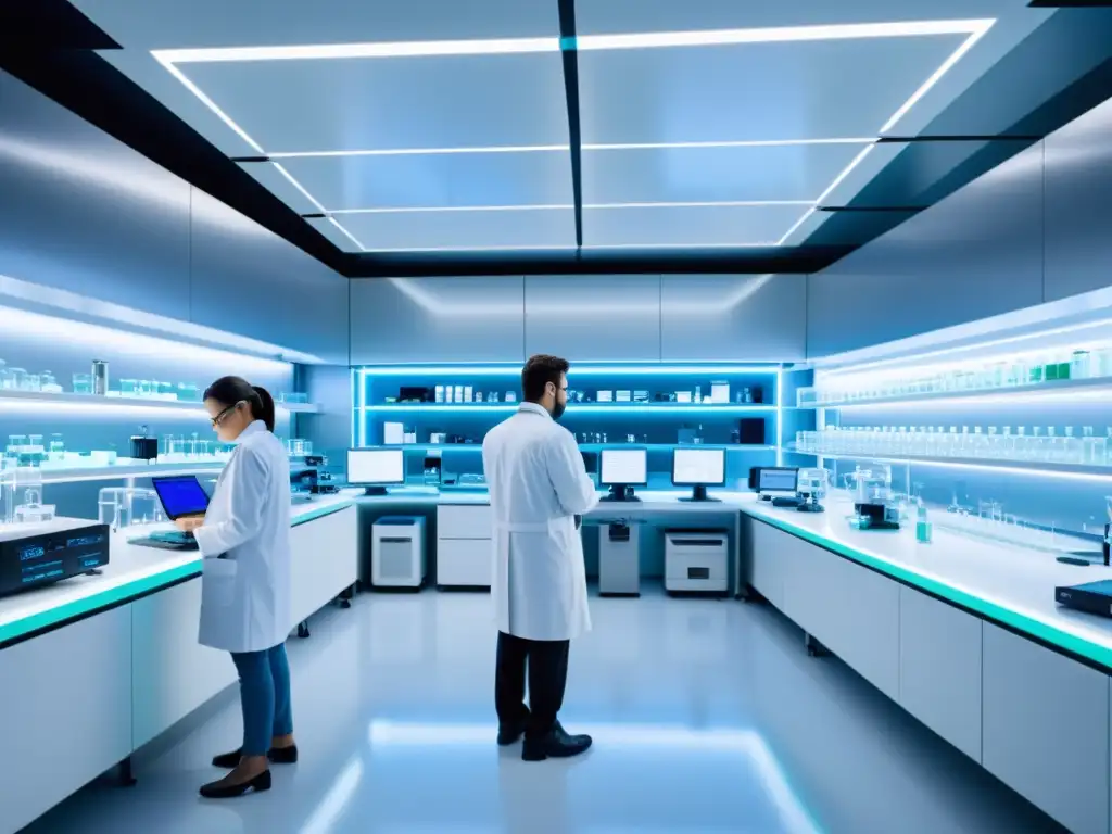 Investigación farmacéutica de vanguardia en laboratorio moderno con científicos y equipos avanzados
