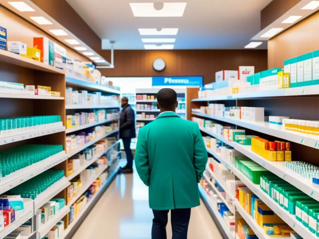 Una farmacia concurrida llena de productos farmacéuticos, personas esperando para comprar medicamentos