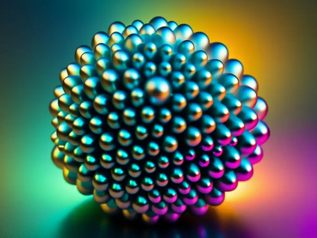 Un fascinante conjunto de nanopartículas metálicas plateadas, cada una reflejando la luz circundante con un deslumbrante brillo iridiscente