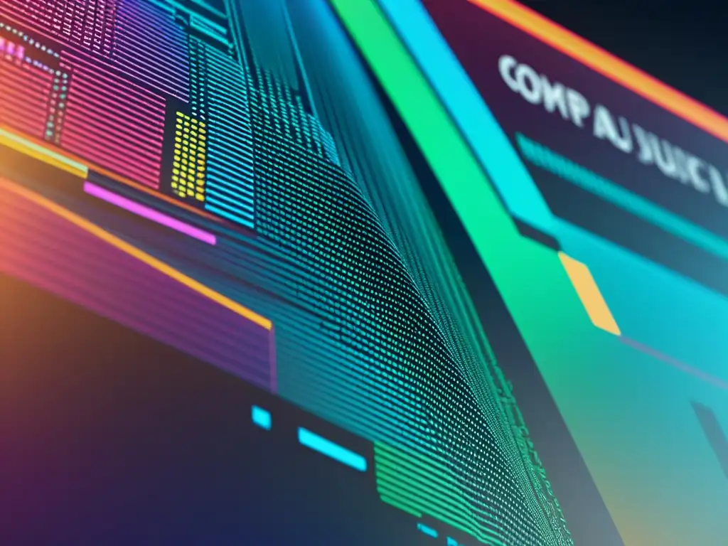 Fascinante pantalla de computadora con código y algoritmos, en colores vibrantes y diseño futurista, ideal para hablar de licencias software patentes diferencias