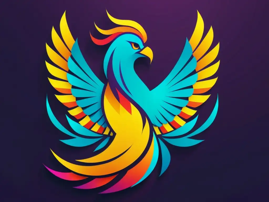 Fénix digital: resurgimiento vibrante Un fénix moderno y vibrante renace de las cenizas, simbolizando la recuperación de marca en el mercado digital