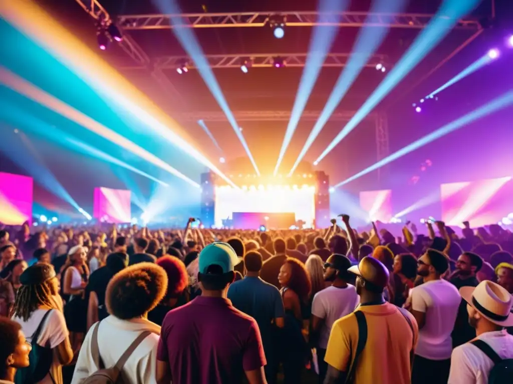 'Festival de música vibrante con diversa multitud disfrutando de actuaciones en vivo bajo luces coloridas