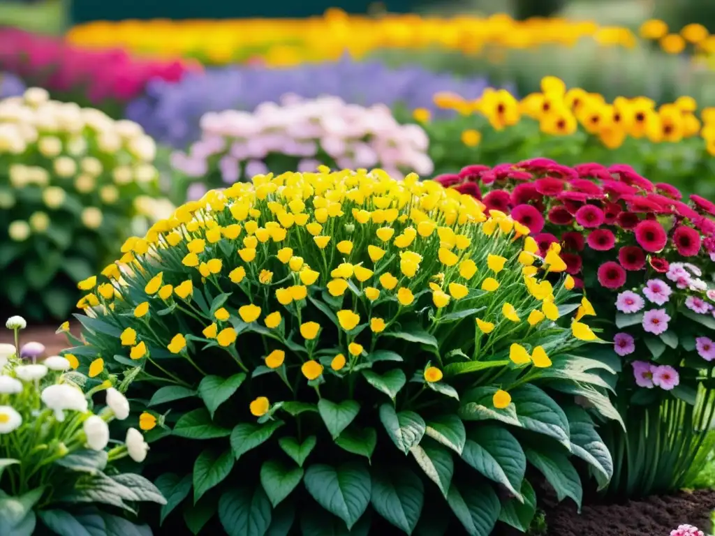 Jardín de flores vibrantes y cultivadas con esmero en Europa, destacando la diversidad de especies botánicas