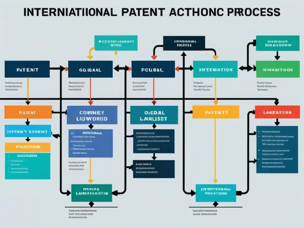 Flujo de proceso internacional de protección de patente con símbolos modernos, colores vibrantes y hitos globales representando oficinas de patentes