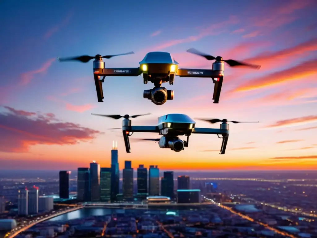 Una formación de drones capturando datos sobre la ciudad al atardecer