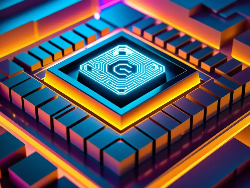 Una fortaleza digital futurista rodeada de patrones luminosos y circuitales, simbolizando la protección de la propiedad intelectual en el ciberespacio
