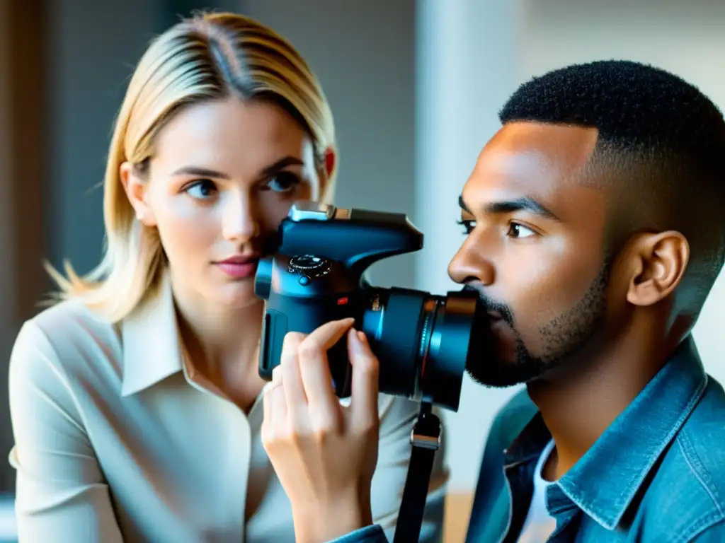 Una fotógrafa y una modelo revisan fotos en una cámara digital moderna, transmitiendo colaboración y respeto en la relación laboral