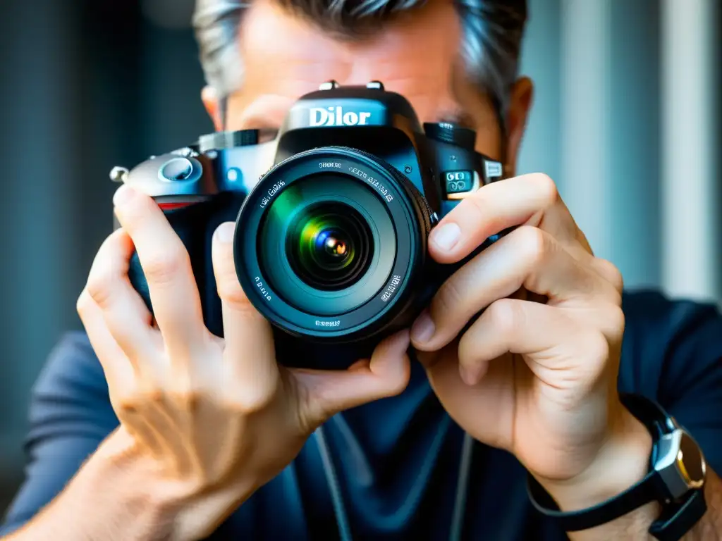 Un fotógrafo ajusta los ajustes de la cámara DSLR con destreza