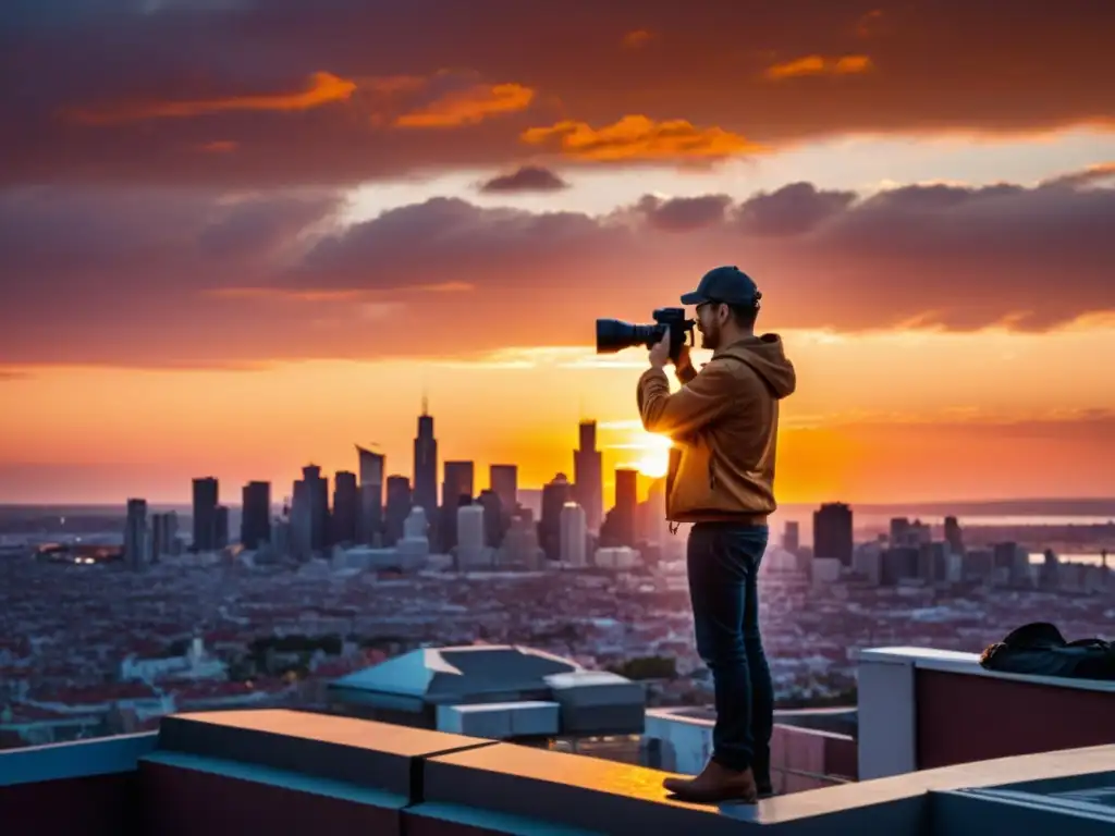 Fotógrafo capturando un atardecer urbano con derechos de autor en arte visual