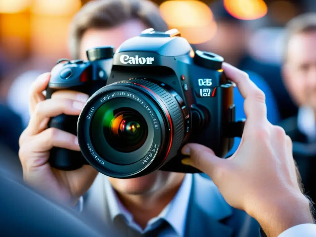 Un fotógrafo ajusta la cámara en un evento en vivo, capturando la energía vibrante