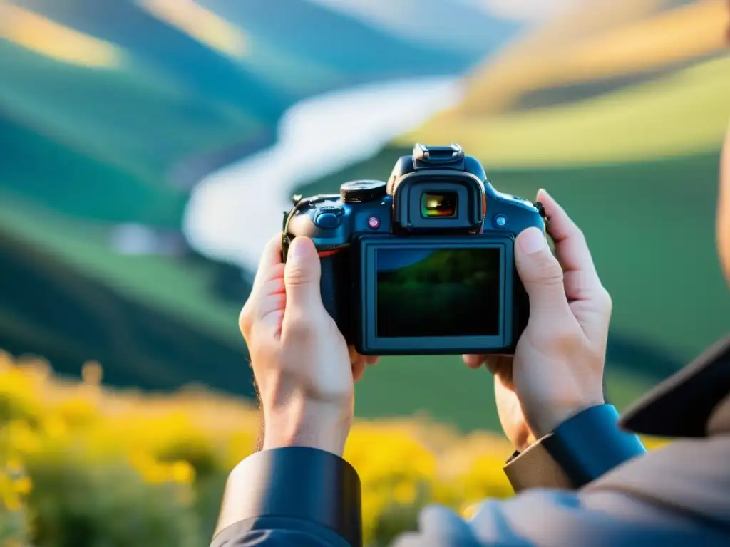 Un fotógrafo ajusta la cámara para capturar una impactante paisaje