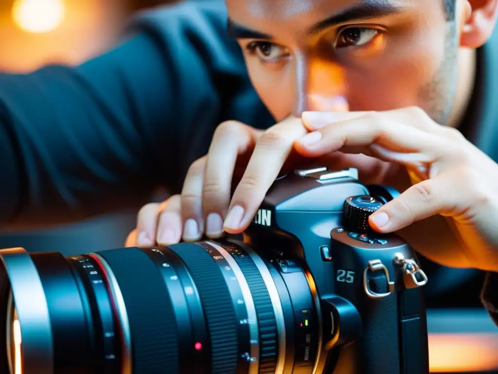Un fotógrafo ajusta con precisión su cámara profesional, con el brillo suave de la pantalla iluminando su rostro concentrado
