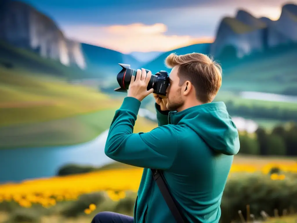 Un fotógrafo ajusta su cámara profesional para capturar un paisaje impresionante, con enfoque en detalles, colores vibrantes y composición cuidadosa