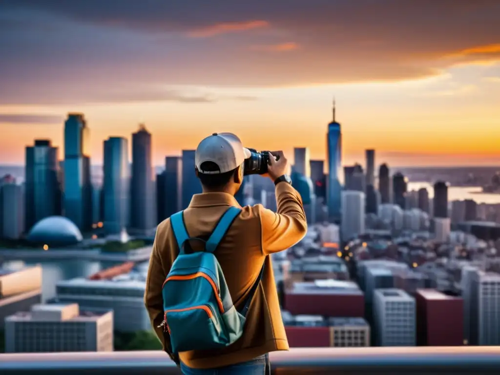 Profesional capturando la ciudad al atardecer Un fotógrafo capturando la ciudad al atardecer, con enfoque en la creatividad y profesionalismo, respetando los derechos de autor en la fotografía