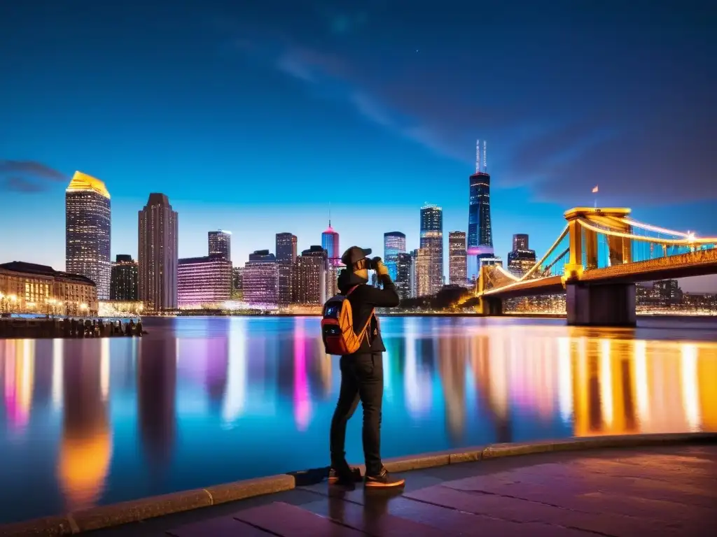 Un fotógrafo capturando la ciudad de noche, con luces vibrantes reflejándose en el agua