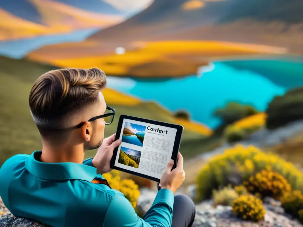 Un fotógrafo revisa un contrato en una tableta mientras captura un impresionante paisaje con una cámara profesional