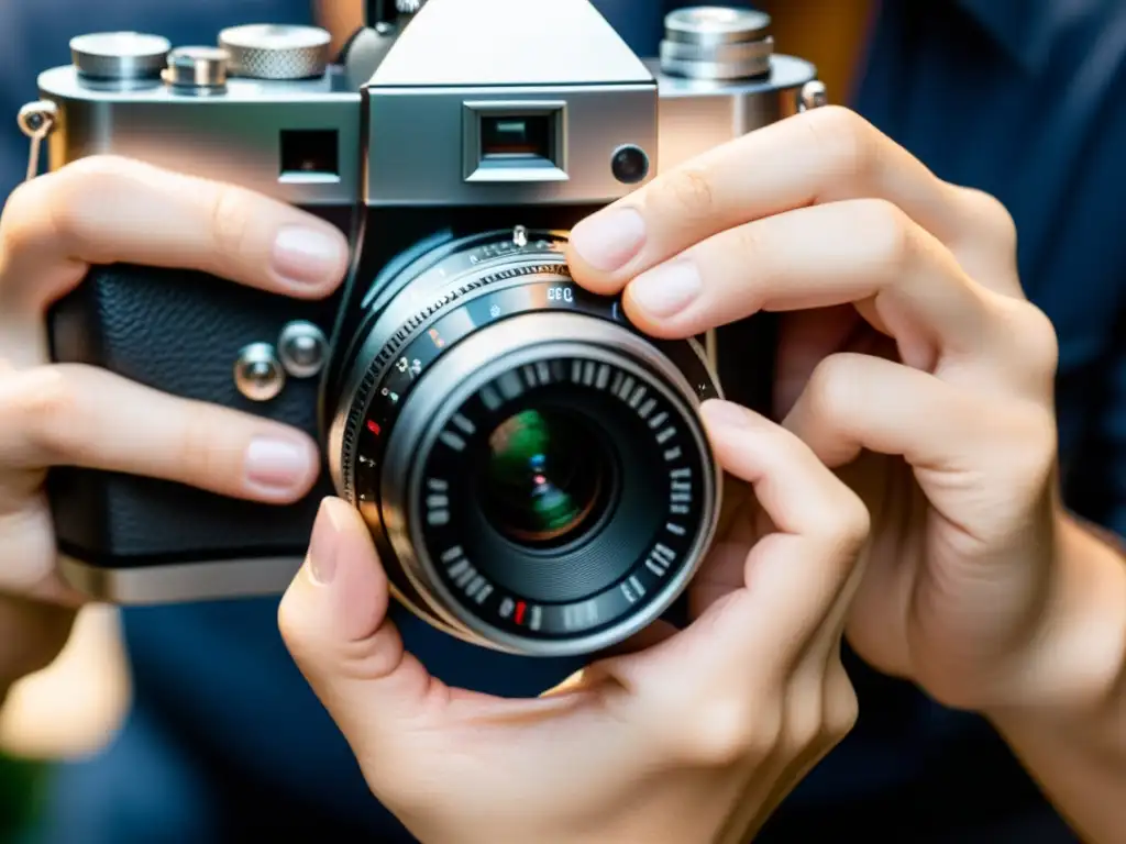 Un fotógrafo ajusta con precisión los controles de su cámara, bañado en suave luz natural