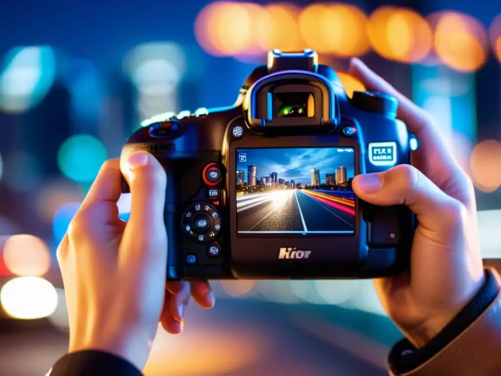 Un fotógrafo ajusta los controles de su cámara DSLR, concentrado bajo la luz del visor, con una vibrante ciudad de fondo
