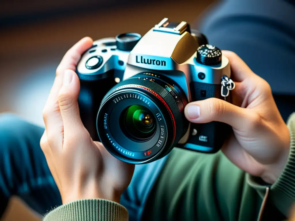 Un fotógrafo ajusta los controles de una cámara profesional con precisión, enmarcado por una suave luz