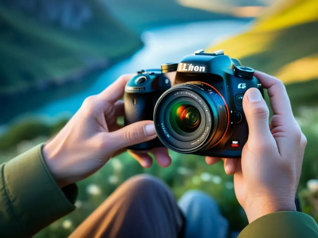 Un fotógrafo experto ajusta con precisión la cámara para capturar una impresionante foto de paisaje de alta resolución