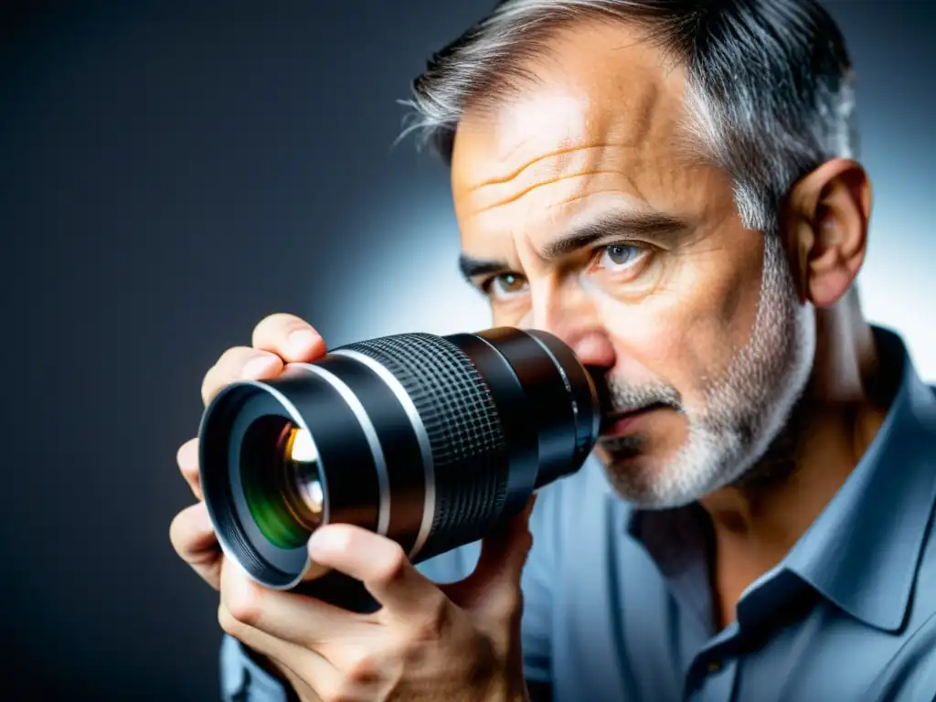 Un fotógrafo experto examina detenidamente una lente única, resaltando la importancia de las patentes en fotografía