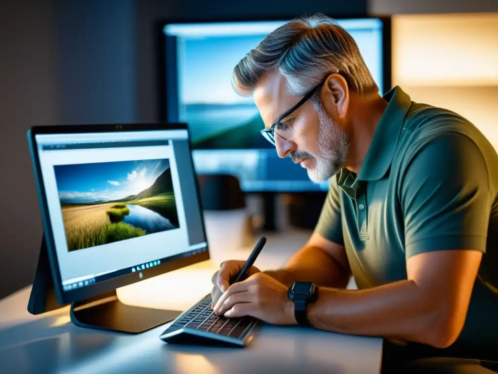 Un fotógrafo cuidadosamente registra fotografías para evitar plagio, trabajando en su computadora con luz natural