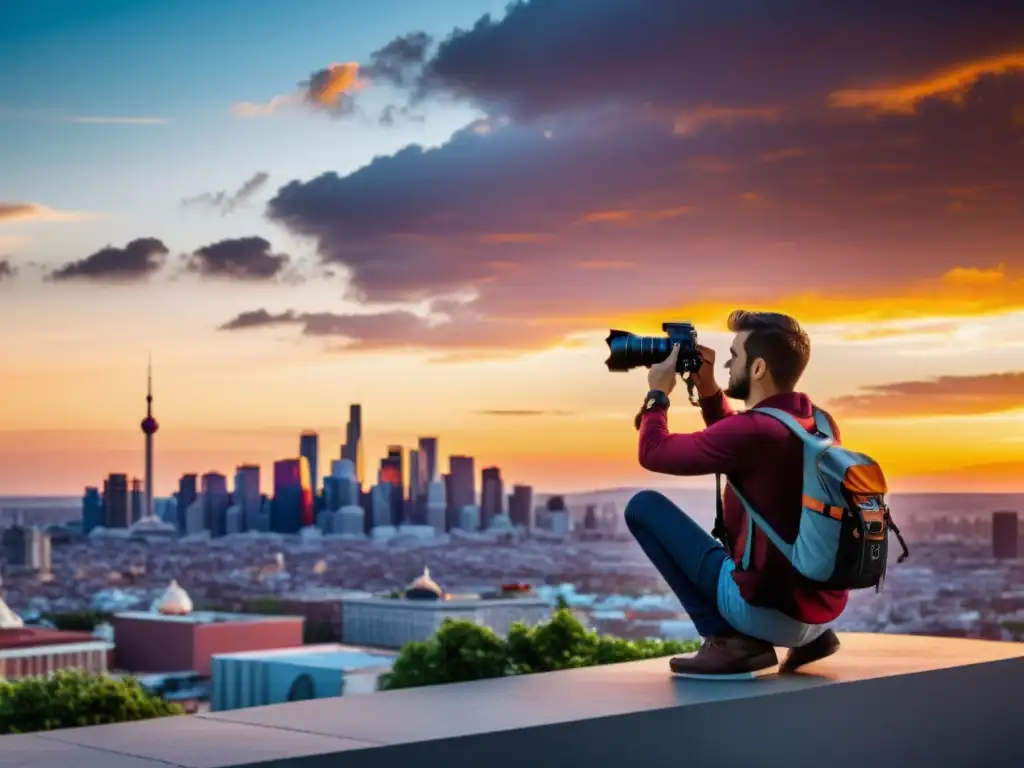 Capturando el atardecer: Fotógrafo profesional en acción Un fotógrafo capturando un impresionante atardecer sobre el horizonte urbano, con colores vibrantes y detalles detallados