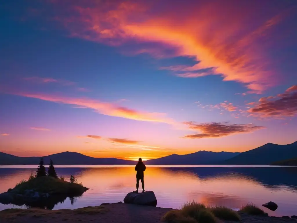 Un fotógrafo captura un impresionante atardecer sobre un lago tranquilo