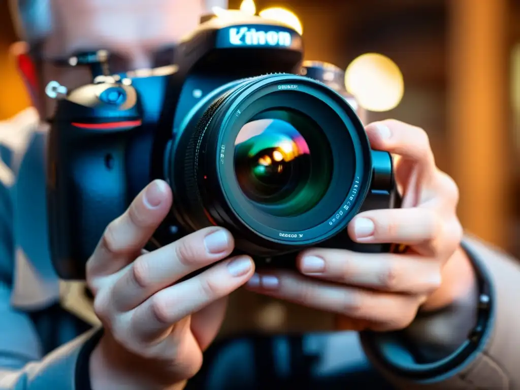 Un fotógrafo ajusta con precisión una lente profesional, con un fondo suavemente difuminado