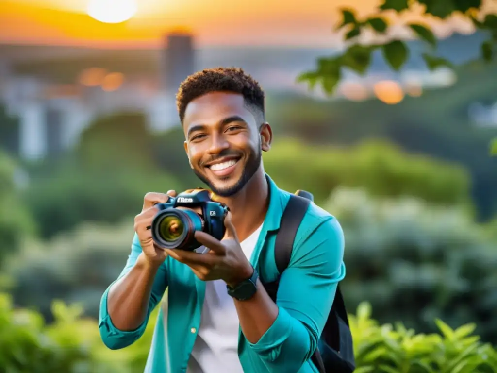 Un fotógrafo profesional sonríe sosteniendo su cámara, con un atardecer cálido y exuberante vegetación