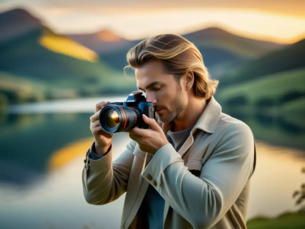 Un fotógrafo profesional ajusta su cámara al atardecer junto a un lago y colinas