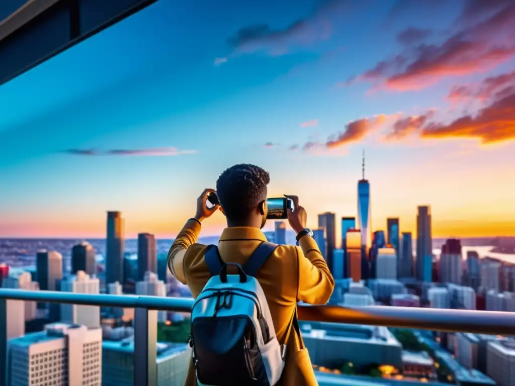 Un fotógrafo profesional captura la ciudad al atardecer, reflejando la protección del contenido en Instagram con una composición dinámica y creativa