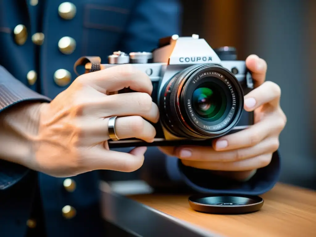 Un fotógrafo profesional ajusta con precisión los controles de su moderna cámara, bañado en luz natural