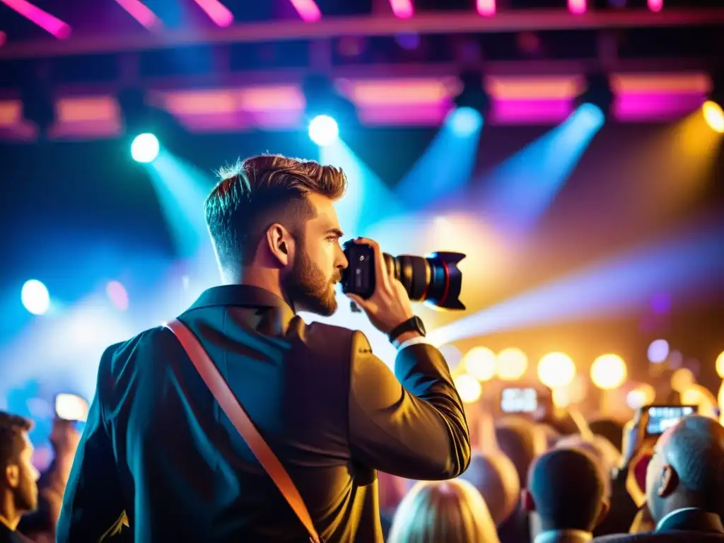 Un fotógrafo profesional capturando la energía de un evento en vivo, rodeado de una animada multitud y luces de colores