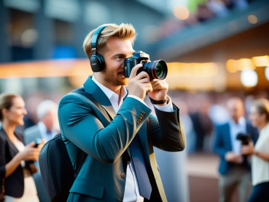 Un fotógrafo profesional captura la energía de un evento, destacando la importancia de los derechos de autor en fotografía de eventos