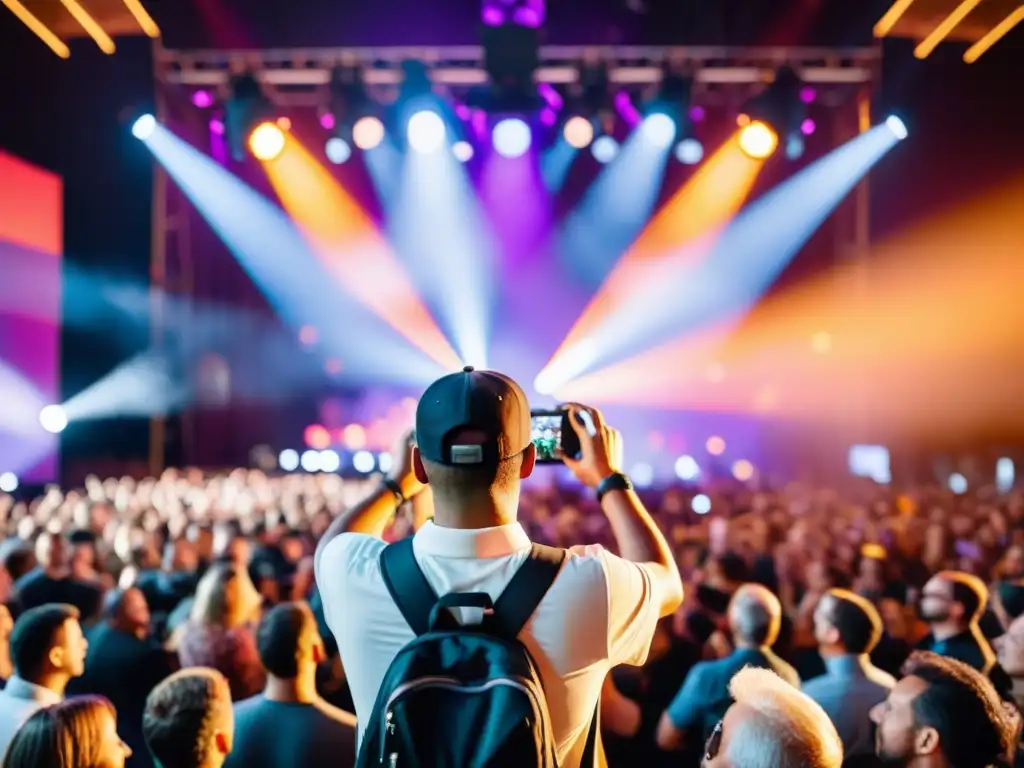 Un fotógrafo profesional capturando la energía vibrante de un evento en vivo, con el artista en primer plano y el público emocionado en segundo plano